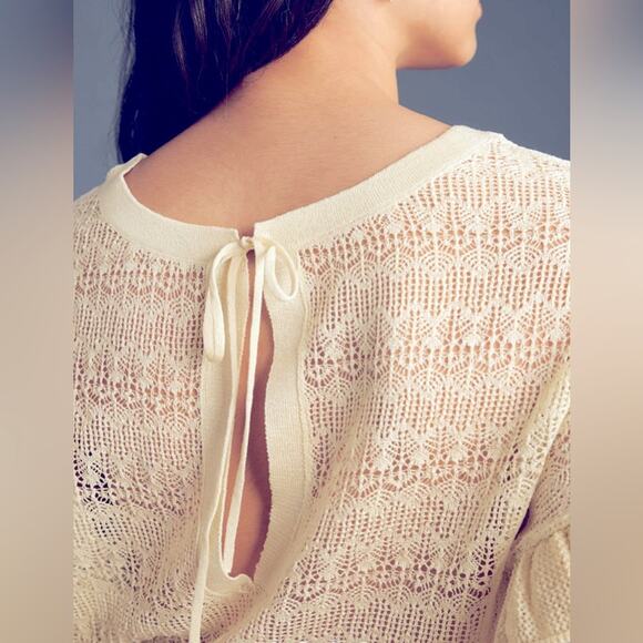 ANTHROPOLOGIE Womens Sweater Size XS Cream Sheer Open-Stitch Ruffle Coquette - Picture 11 of 12